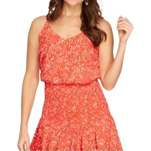 SHE+SKY,NWOT,WOMENS ORANGE/RED, SLEEVELESS, WOVEN PRINT,SMOCKED MINIDRESS.SIZE L